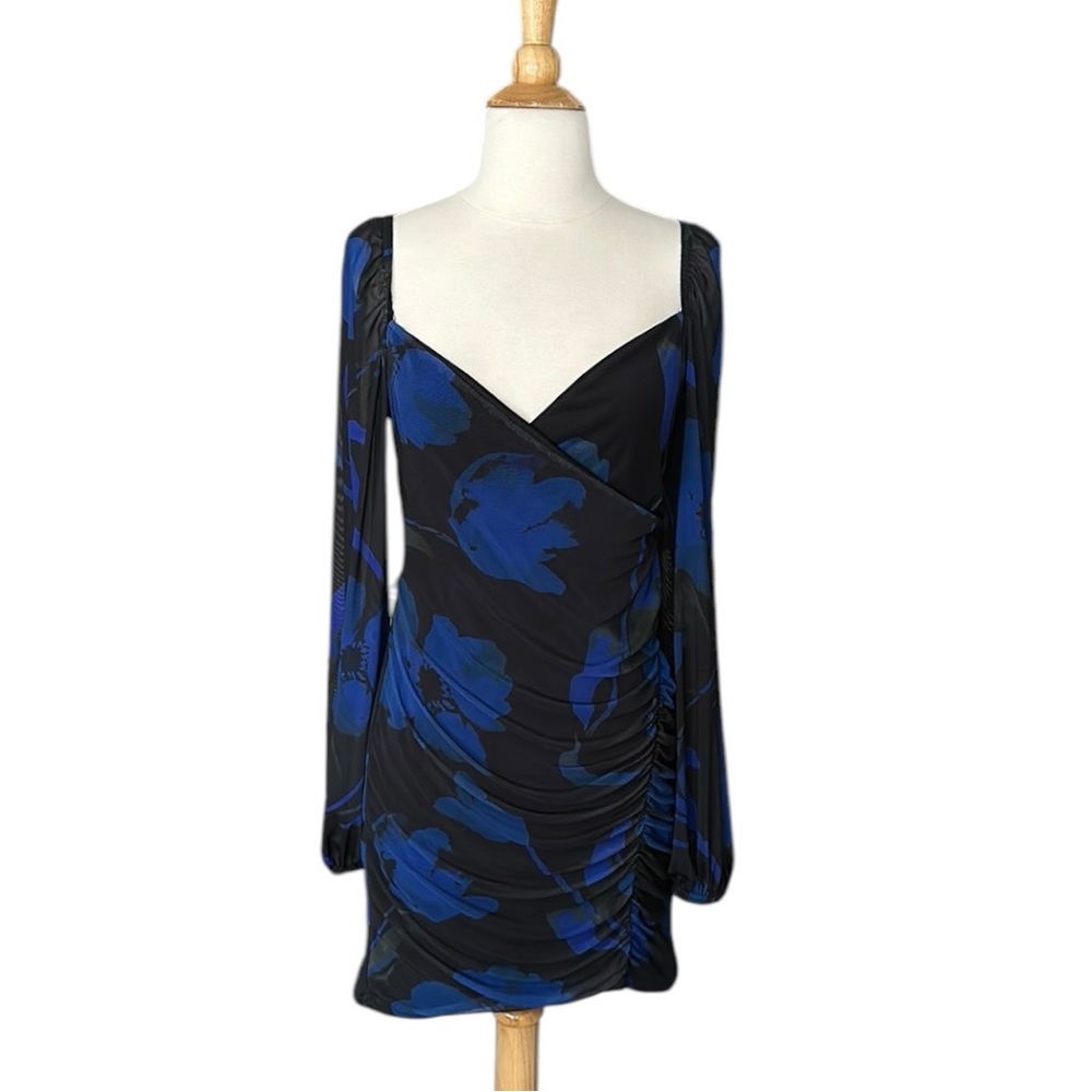ASOS Dark Floral Ruched Mini Dress Sheer Sleeves Black Blue Size 8